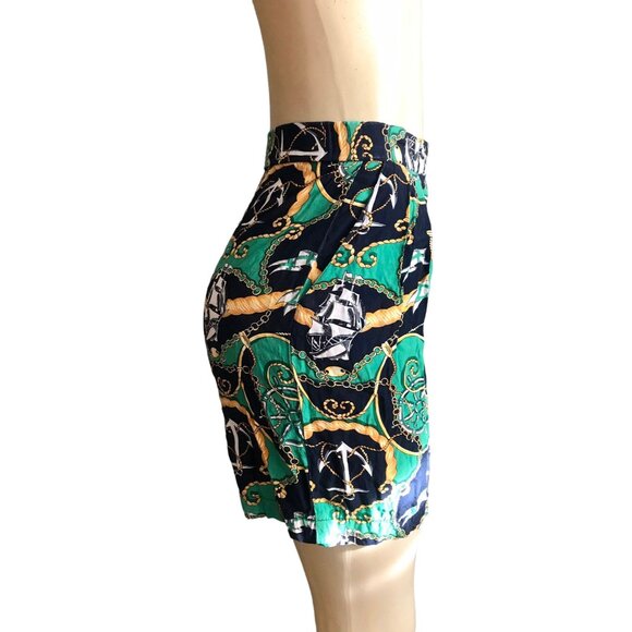 Vintage high rise shorts size XS 1990s women fashion nautical print in Green gol - Picture 4 of 9